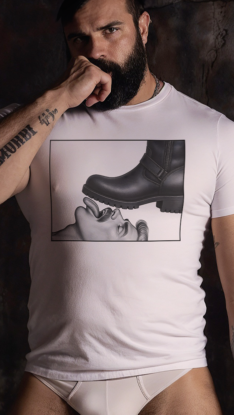 Tshirts and Shibari laptop bags hanging from a metal rack. One T-shirt reminiscent of Tom of Finland black and white artwork. The other a yellow canvas with a sweaty male showing off his armpits and fit body. 