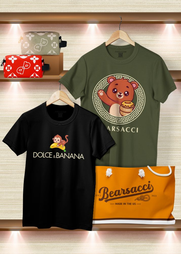 Three bags, one similar to Louis Vuitton pattern in red and digital-camo and large bag in the style of Hermes orange gift bag. Tshirts are parodies of Dolce and Gabbana and Versace.