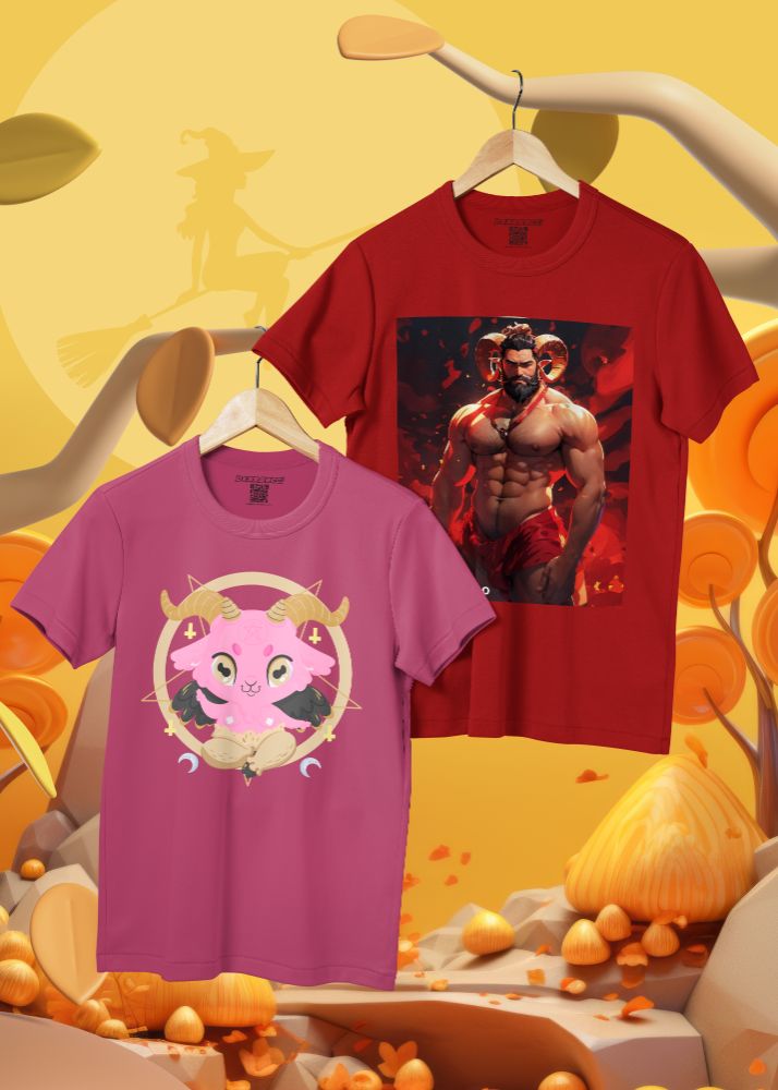 pink kawaii Baphomet t-shirt. red handsome devil red t-shirt.