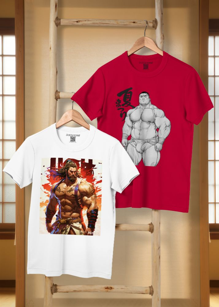 Two T-shirts hanging from a wooden ladder in a dojo. The graphics are of one hunky samurai with flames in the background in one and a black and white pinup with the Japanese word for "Festival" on the other.