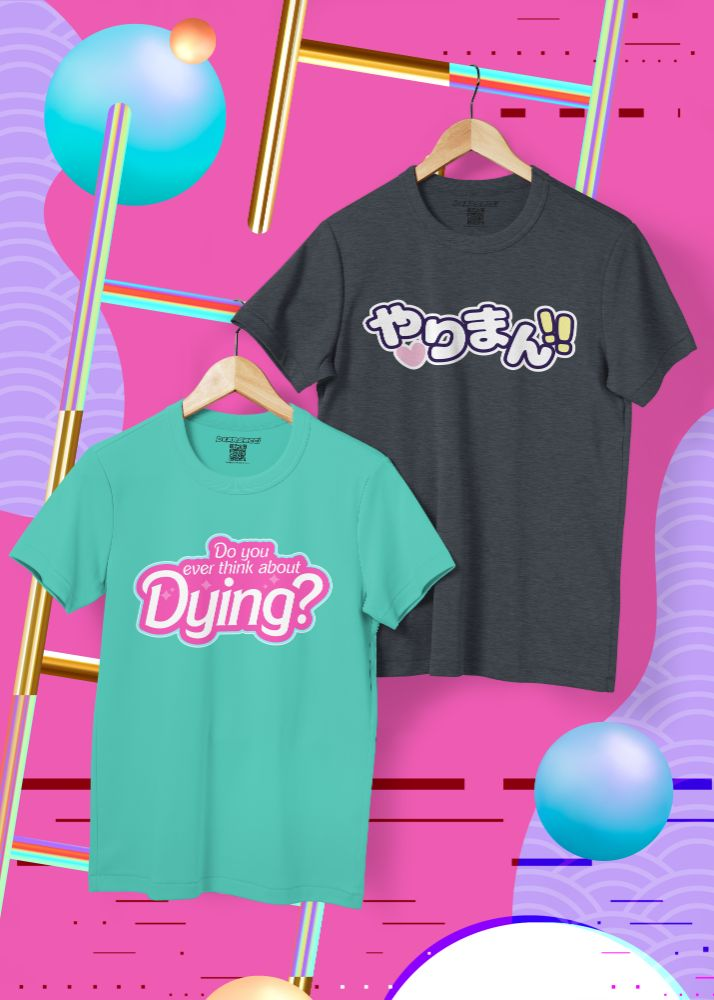 Two t-shirts hanging from floating ladders in a sea of 1980s Memphis-reminiscent pink and purple wallpaper. On one tshirt, there's the Barbie-stylized phrase: "Do you ever think of dying?", on the other Japanese kanji for "Bimbo Slut".