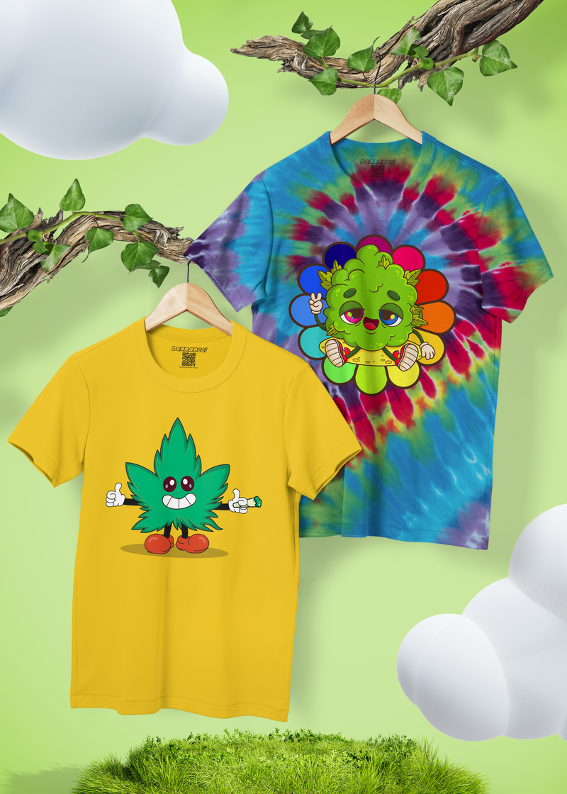 Yellow T-shirt with a smiling cartoon cannabis leaf. A Tie Dye t-shirt with a happy weed nugget sitting on a Murakami flower. 
