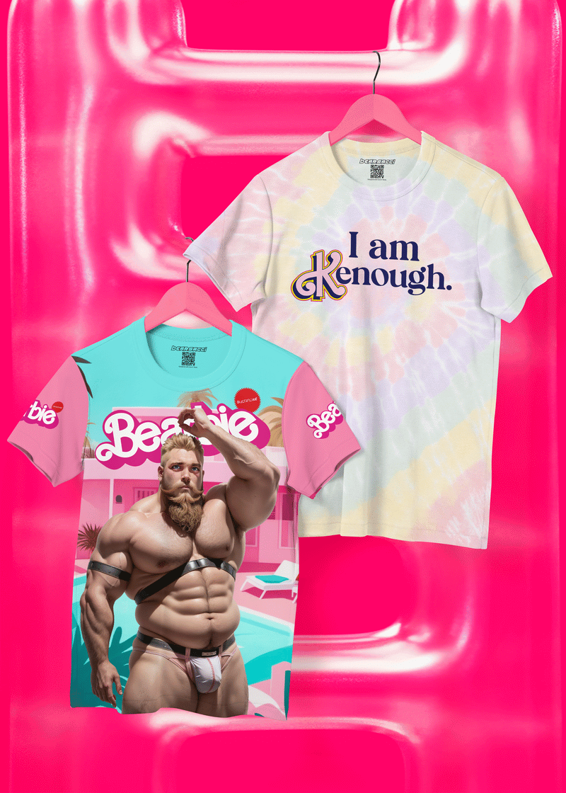 I am Kenough Tie Dye T-shirt and Hunky All-Over-Print of a blonde bear male in front of a pink Barbie Mansion. 