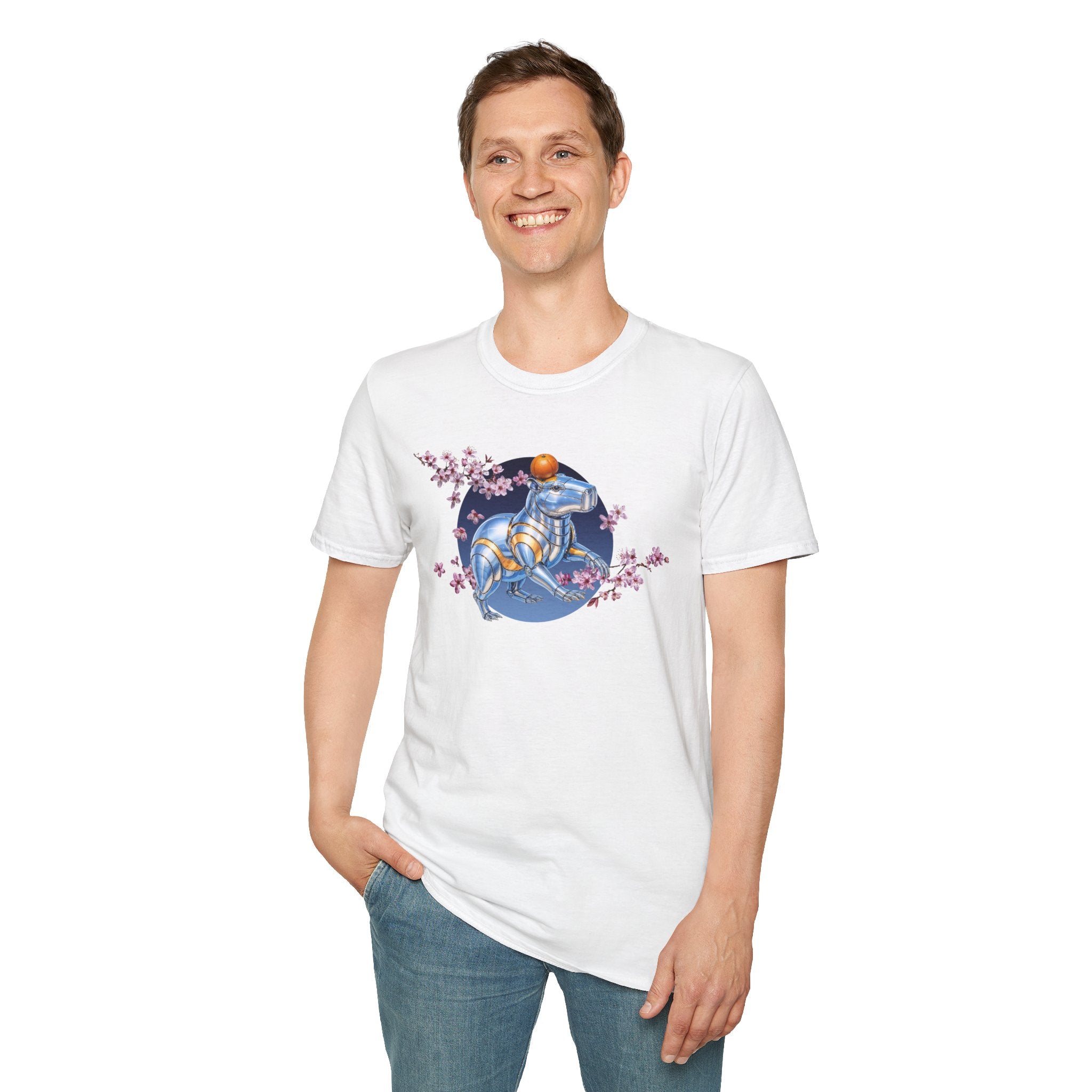Fake Designer™: Robot Capybara T-Shirt with Sakura Blooms│ Softsyle T-shirt