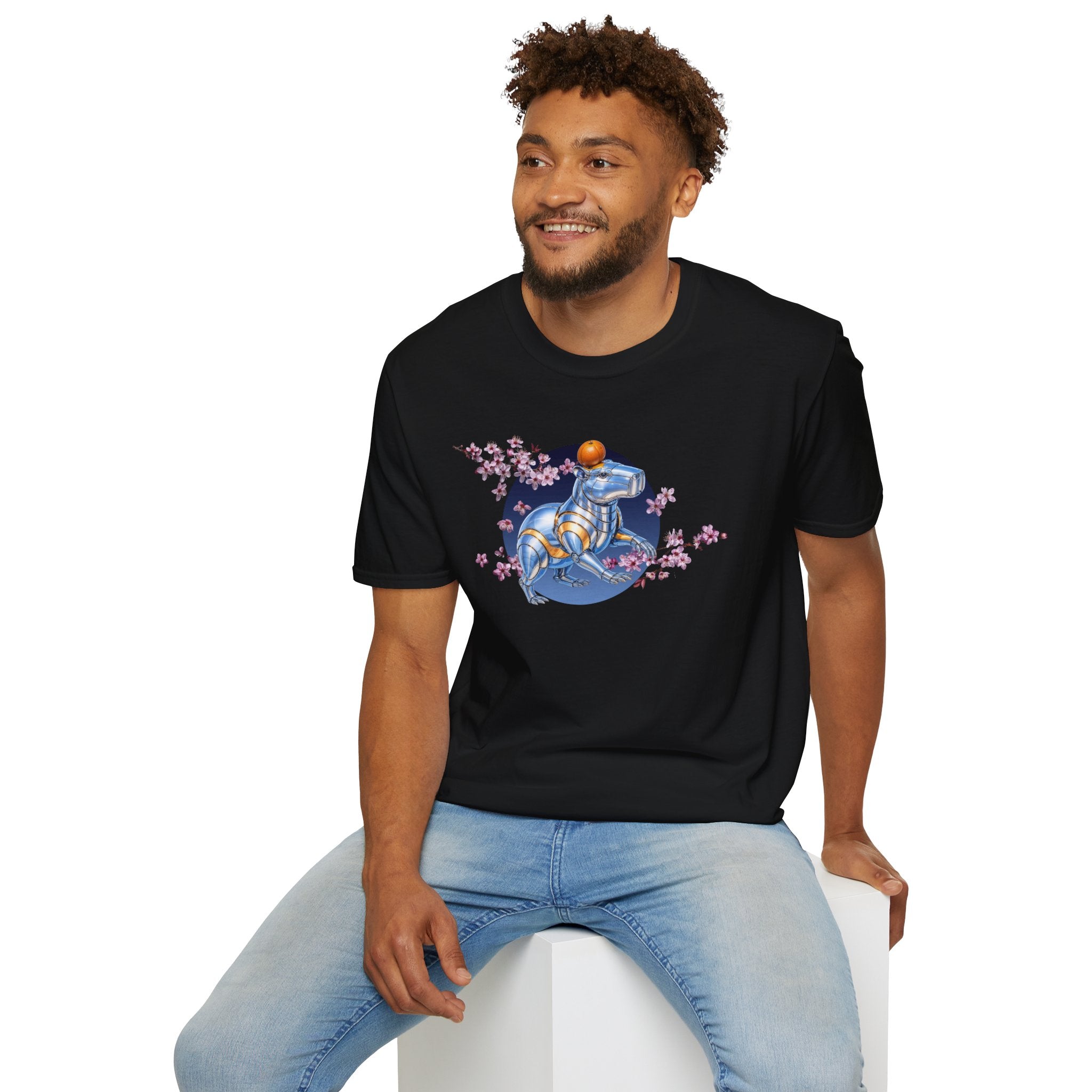 Fake Designer™: Robot Capybara T-Shirt with Sakura Blooms│ Softsyle T-shirt