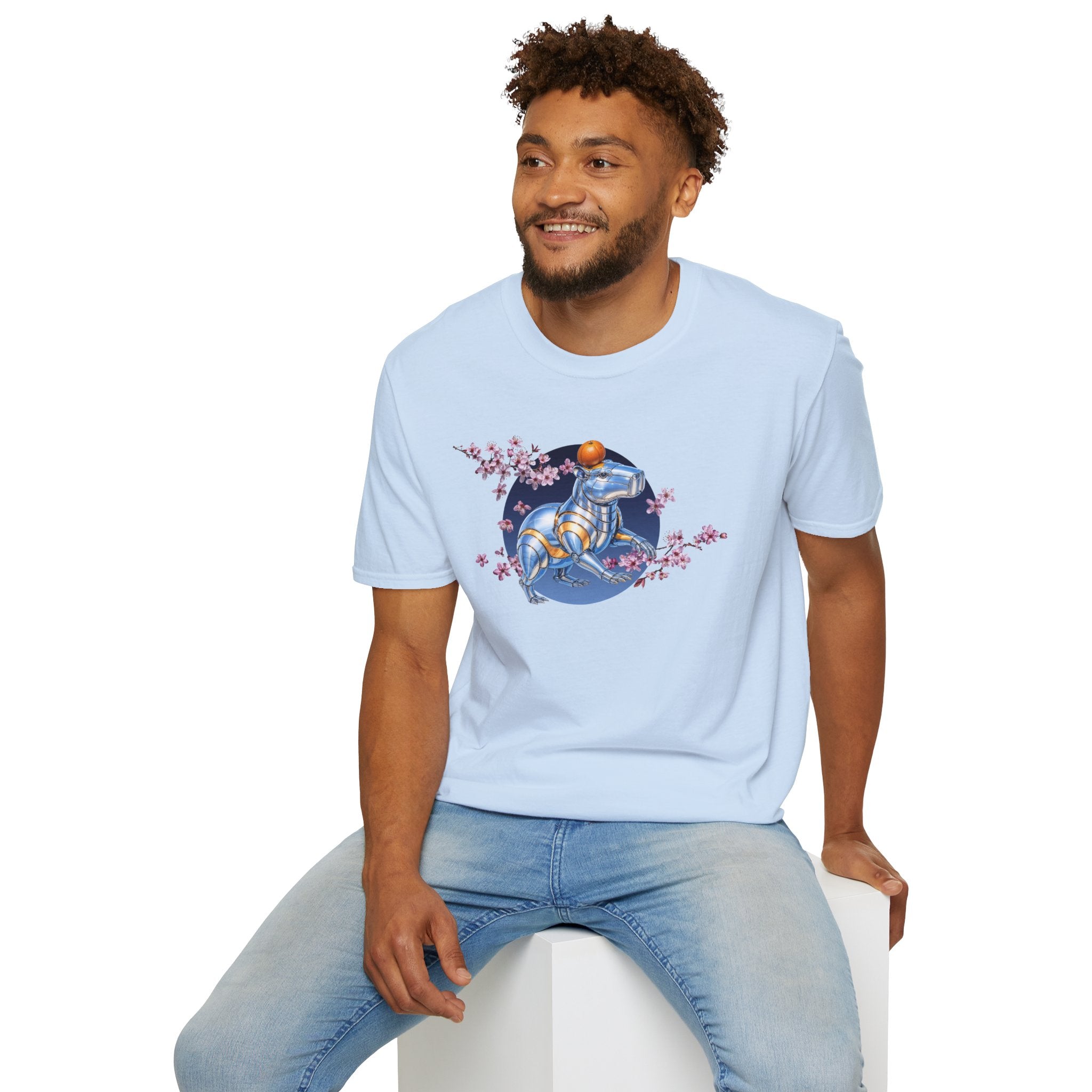 Fake Designer™: Robot Capybara T-Shirt with Sakura Blooms│ Softsyle T-shirt