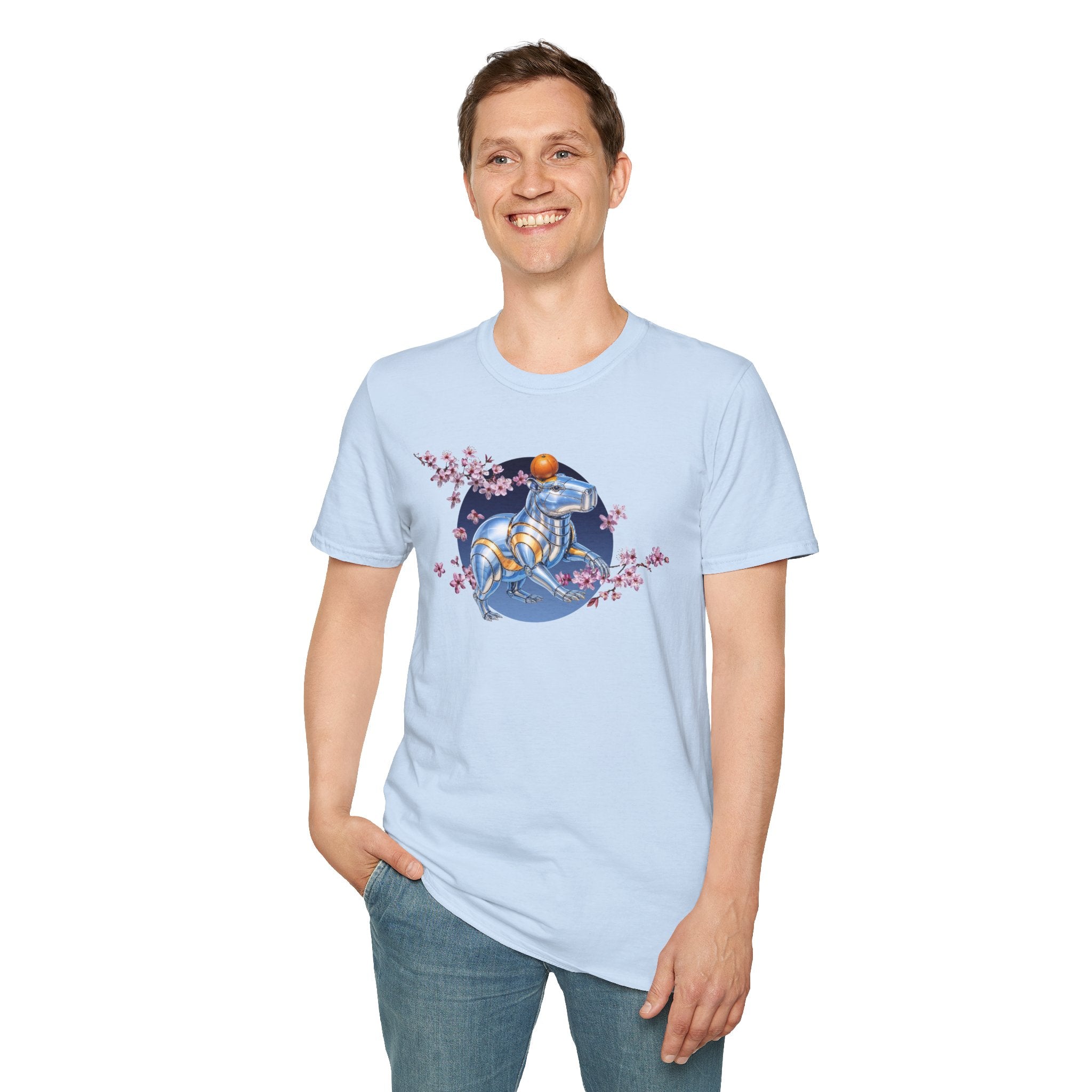 Fake Designer™: Robot Capybara T-Shirt with Sakura Blooms│ Softsyle T-shirt